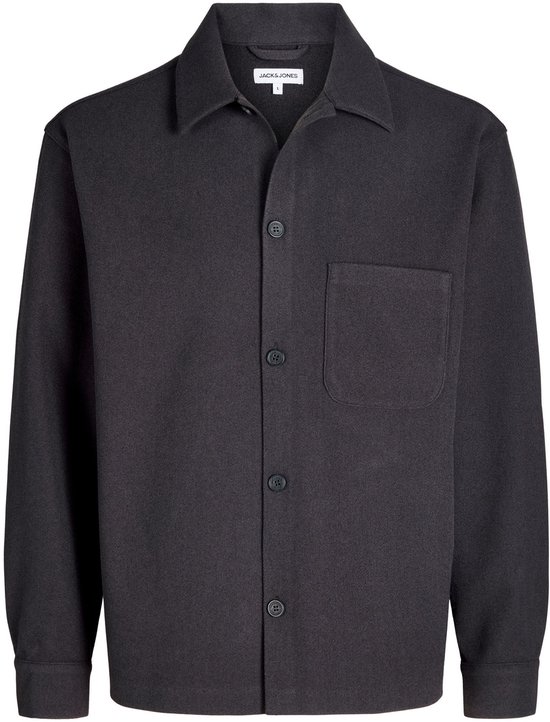Donkergrijs Jack & Jones overshirt met kraag, knoopsluiting en borstzak.