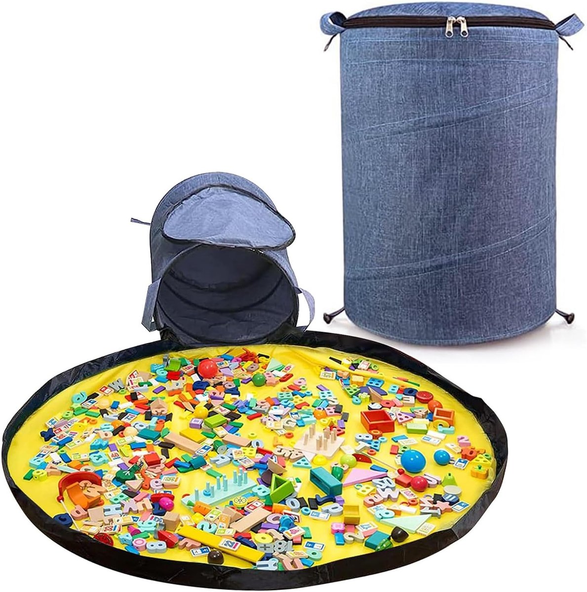 Kinderspeelgoedopbergorganizers met speelmat, grote canvas tas/bak voor kinderen met rits voor bouwstenen, auto's, poppen en ander speelgoed - blauw