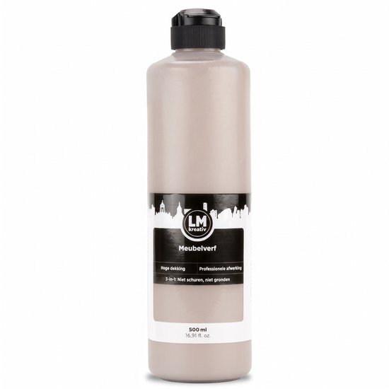 Fles taupe meubelverf van 500 ml met zwarte dop. Hoge dekking, professionele afwerking, 3-in-1: niet schuren, niet gronden.