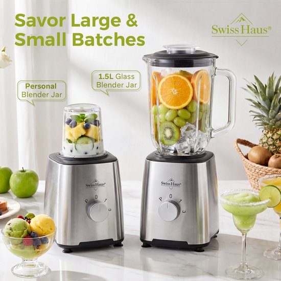 Swiss Haus® BL2215 Blender - 500W Smoothie Maker - 1.5L Glazen Kan & Grinder - RVS Messen - 2 Snelheden + Pulse - Vaatwasbestendig - Veiligheidsmicro-schakelaar - RVS van Swiss Haus — afbeelding 3