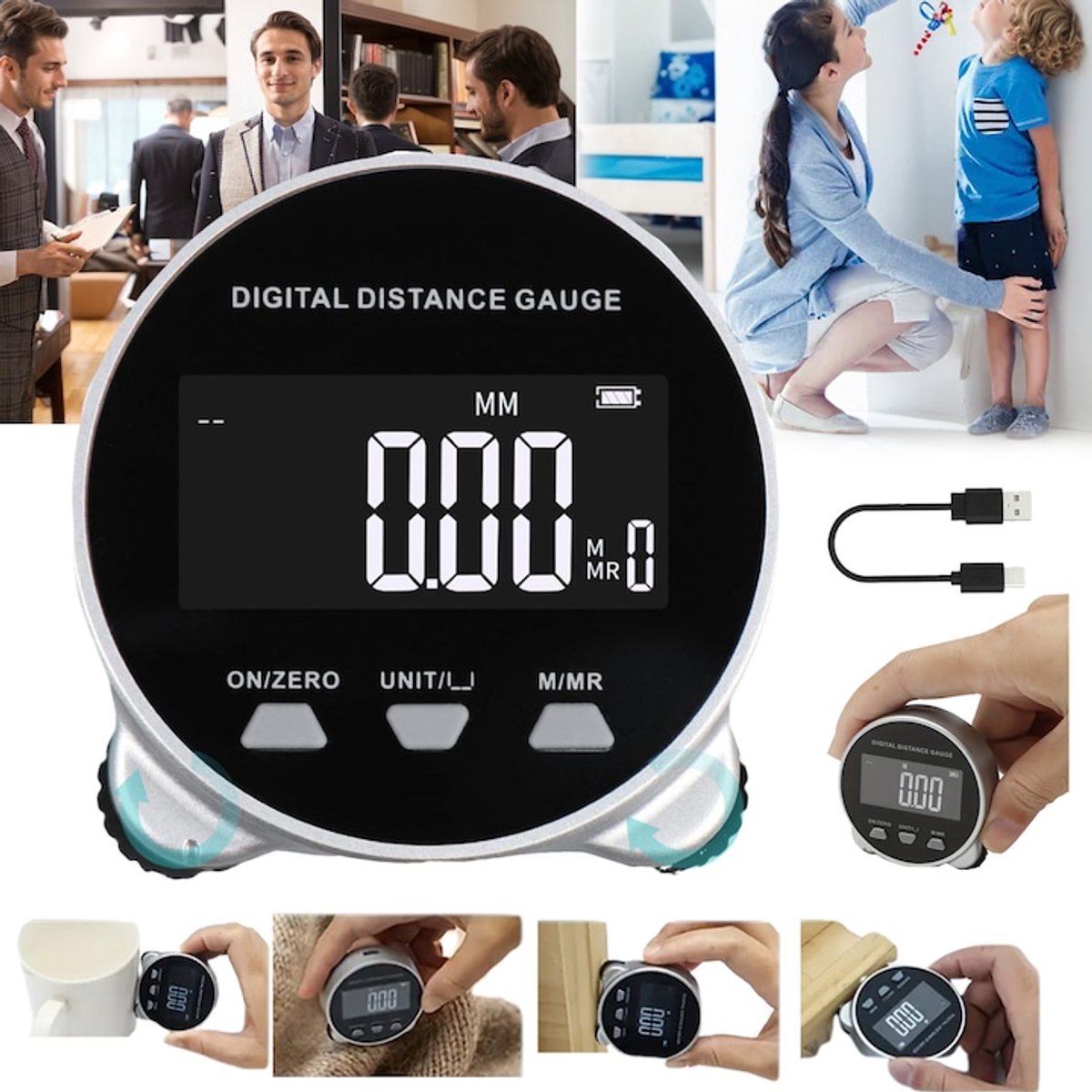 Digitale rolmaat - Digitaal meetlint - TENZHVXI® - 200 m - Met lcd-scherm - USB-C-oplaadfunctie - 260 mAh - Hoge precisie - Draagbaar - Voor vlakke en gebogen oppervlakken of voor kleermakers - Wit