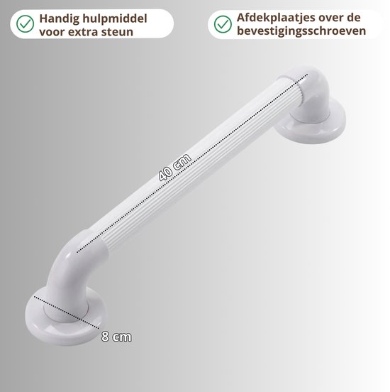 Witte douchegreep van 40 cm met geribbelde grip en 8 cm hoogte. Dekplaatjes over schroeven.