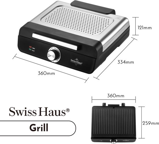 Swiss Haus® TG22 Rookvrije Elektrische Grillplaat 2200W - 36 x 26 cm - Tafelgrill - Indoor Contact Grill - Bakplaat - Gourmet - PFAS Vrij Antiaanbaklaag - Afneembaar Deksel - Met Temperatuurregelaar - RVS/Zwart — afbeelding 5