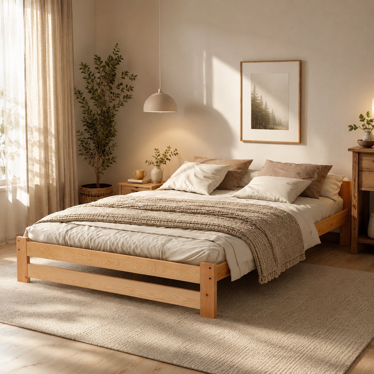 Welltin Vouwbed 140x200 cm - Tweepersoonsbed - Opklapbed - Plooibed - Massief hout - Houten bed - Lattenbodem - Met hoofdeinde - Natuurlijke houtkleur