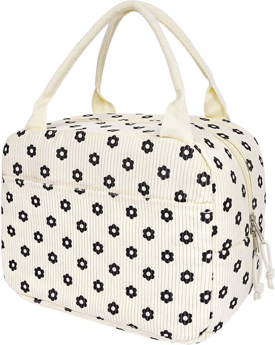 Dailygoods - Ainiv Lunchtas voor Dames, Grote, Geïsoleerde Corduroy Lunchtas, Draagtas met Schattige Bloemenprint, Lunchbox voor Werk, School, Picknick, Reizen en Strand