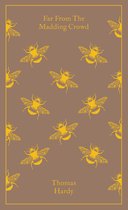 Boek kaft met geel insectenpatroon op bruine achtergrond. Tekst: Far From The Madding Crowd, Thomas Hardy.