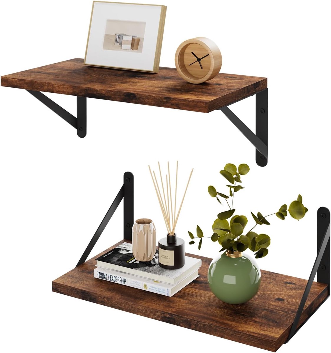 Zwevende planken voor muur, 20 cm diep zwevende planken set van 2,16 W x 8D houten wandplank, brede zwevende boekenplank voor woonkamer, keuken, kantoor TFS002H-2