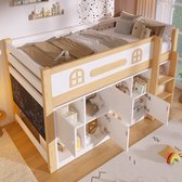 Halfhoogslaper 90 x 200 cm - met schoolbord - met opbergruimte en ladder - zonder matras - wit en houtkleur