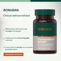 Donkerbruine fles met groen en grijs etiket. Tekst "BONUSAN Crocus sativus extract". 100% Saffraan.