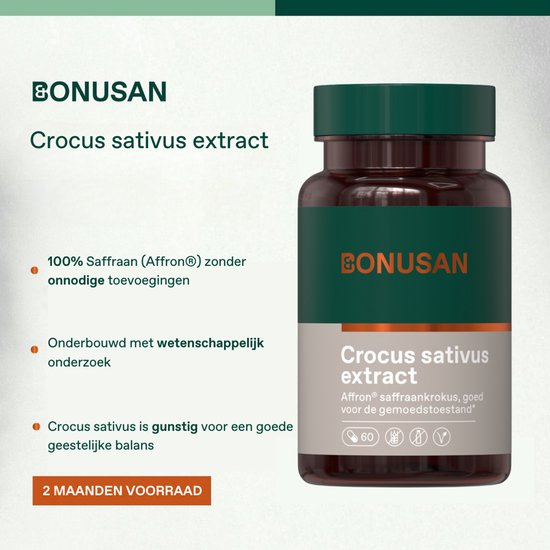 Donkerbruine fles met groen en grijs etiket. Tekst "BONUSAN Crocus sativus extract". 100% Saffraan.