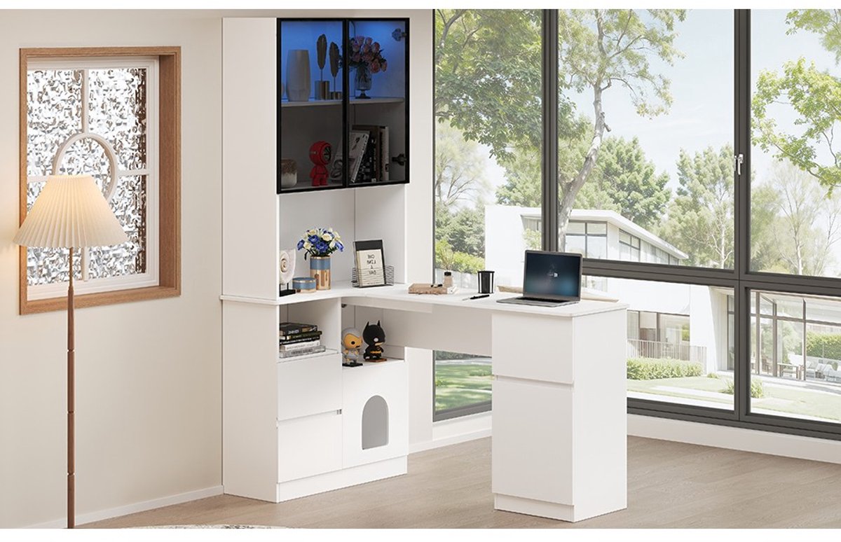 YYchan hoekbureau - wit - 120 x 80 x 180 cm - met lade - met opbergruimte - met LED