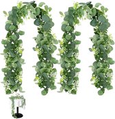 2 stuks groene eucalyptus-slinger, kunstplanten, eucalyptus, decoratie, 1,8 m, hangplanten met witte bloemen, eucalyptusranken, voor bruiloftsbogen, tafeldecoratie, tuin en wonen