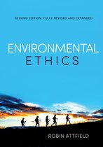 Boekomslag met de titel 'Environmental Ethics', tweede editie: volledig herzien en uitgebreid, door Robin Attfield. Silhouetten van wandelaars tegen een zonsondergang.