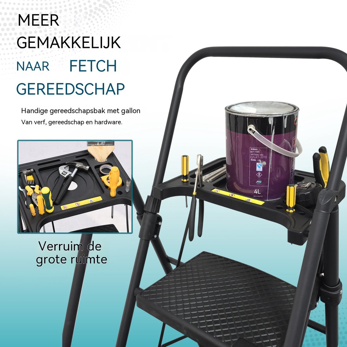 Inklapbare Trap - Keukentrap - Stalen Vouwladder-Huishoudtrap – Antislip –Met Leuning – Veiligheidsvergrendeling - 150 kg - Thuis - 4 Treden- Opvouwbaar-Zwart – foto 7