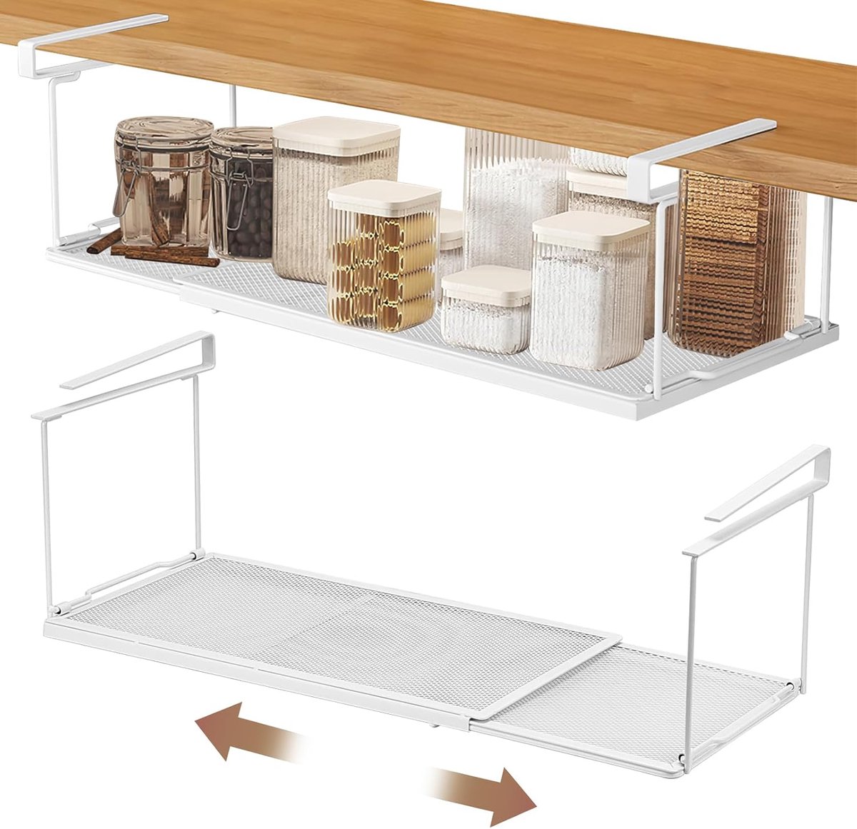 plank hangmand uittrekbaar, verstelbaar hangend onderkastrek, metaal, 38,5 - 69 cm, keukenkast, rek, organizer, metaal, opbergmand, onderrek voor keuken, kast, tafel, badkamer
