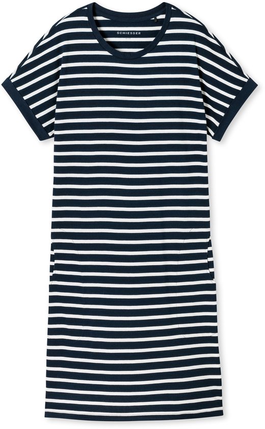 Een donkerblauwe jurk met witte horizontale strepen, zonder model.