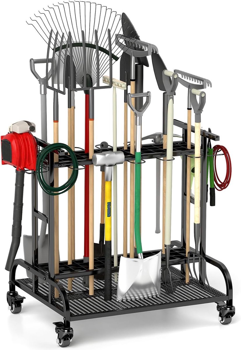 tonchean Opbergorganizer voor tuingereedschap, 360 ° draaibare tuingereedschap, torenrek, trolley met wielen, 3-laags gereedschapshouder, standaard, plank voor garage, tuin, gazon, werkplaats
