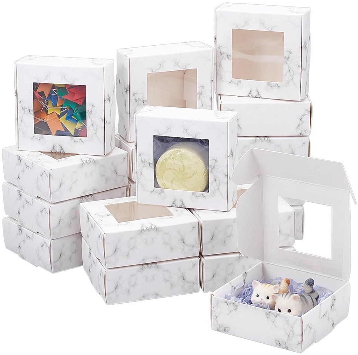 Dailygoods- Papieren Doos 36 Stuks - Vierkante Dozen - Marmeren Bedrukte Verpakking - Doorzichtig Venster - Opvouwbare Geschenkdoos - 7,8 x 7,6 x 3,1 cm