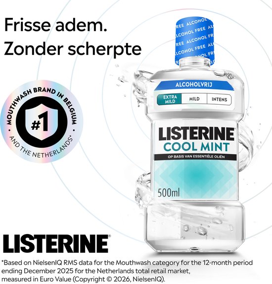 Listerine Cool Mint alcoholvrij mondwater, mondspoeling merk nr. 1 in België en Nederland.