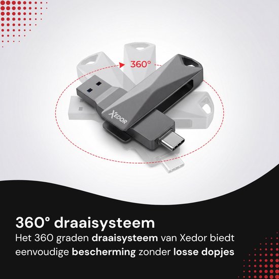 Grijze Xedor USB-stick met 360 graden draaisysteem.