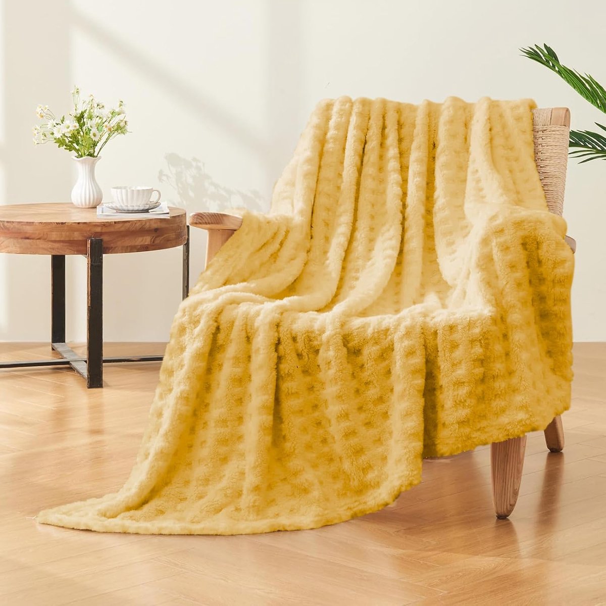 Fleece deken, pluizige imitatiebont deken voor bed sofa bank, zachte warme dikke deken, wafelgeel-127 x 178
