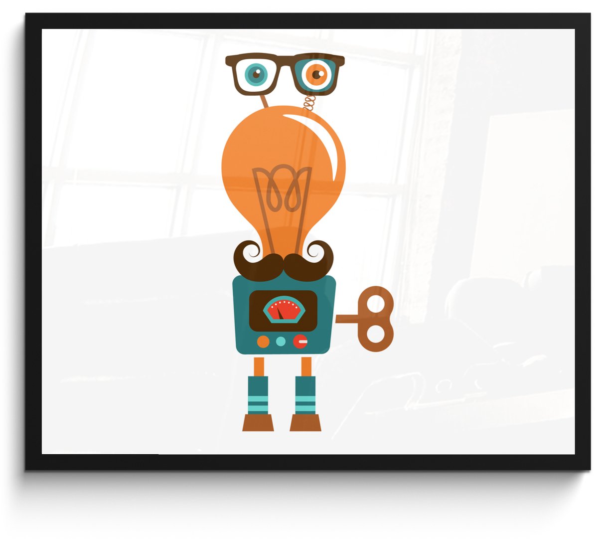 Poster in lijst - Fotolijst 80x60 cm - Posters - Robot - Bril - Gloeilamp - Snor - Kindere