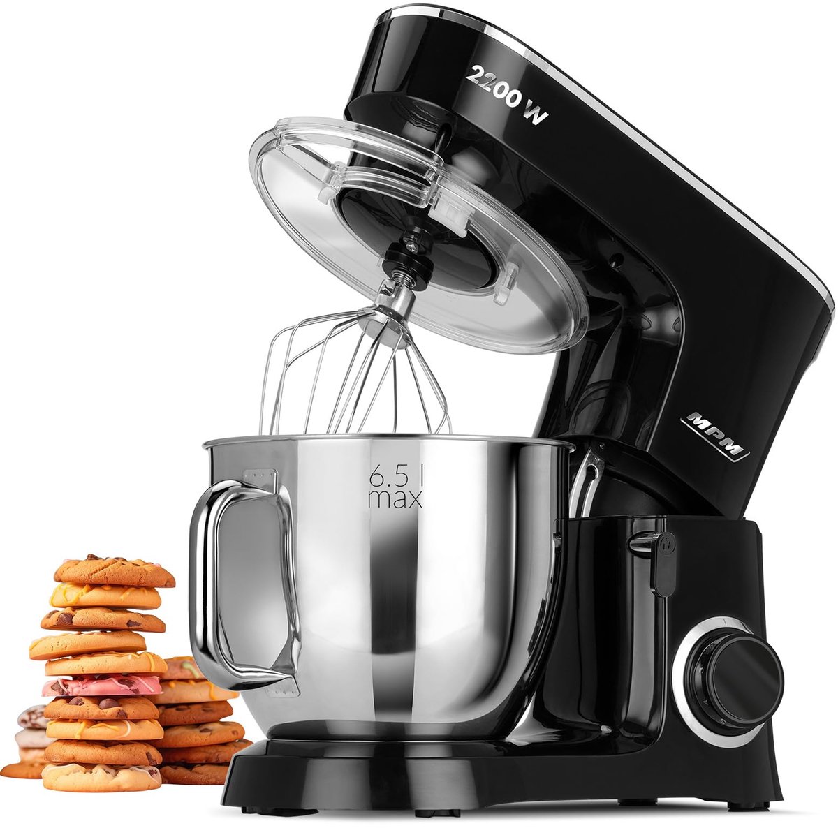 SnelShoppen - Professionele bakmixer, orbitale keukenrobot 2200 W, 6,5 l roestvrijstalen kom, 6 snelheden + pulsfunctie, planeetsysteem met spatbesche