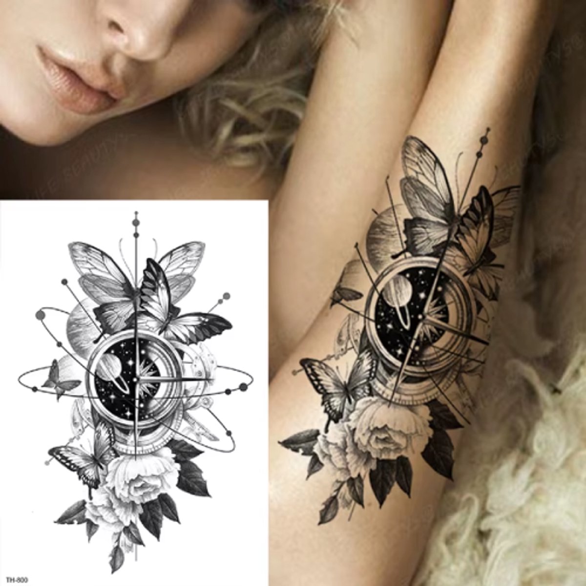 Temporary Tattoo Kompas Planeet Vlinders (A5 formaat) [Neptattoo - Tijdelijke tatoeage - Nep Fake Tattoos - Water overdraagbare festival sticker henna outfit tattoo - Glitter tattoo - Volwassenen Kinderen Jongen Meisje]