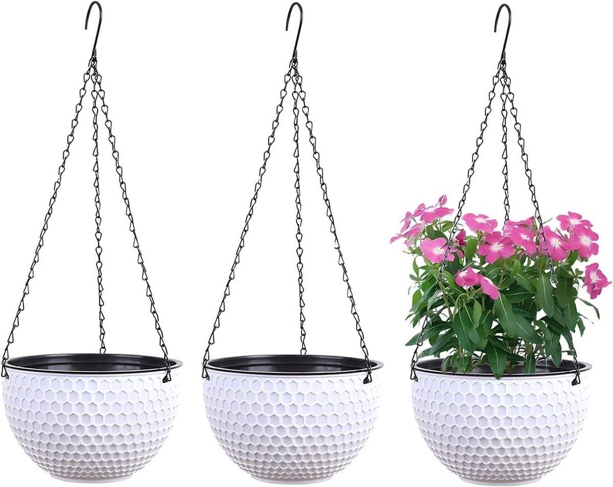 Hangpotten voor planten - Bloempot met ketting - Planten decoreren - Met waterreservoir - 3-delige set - Wit