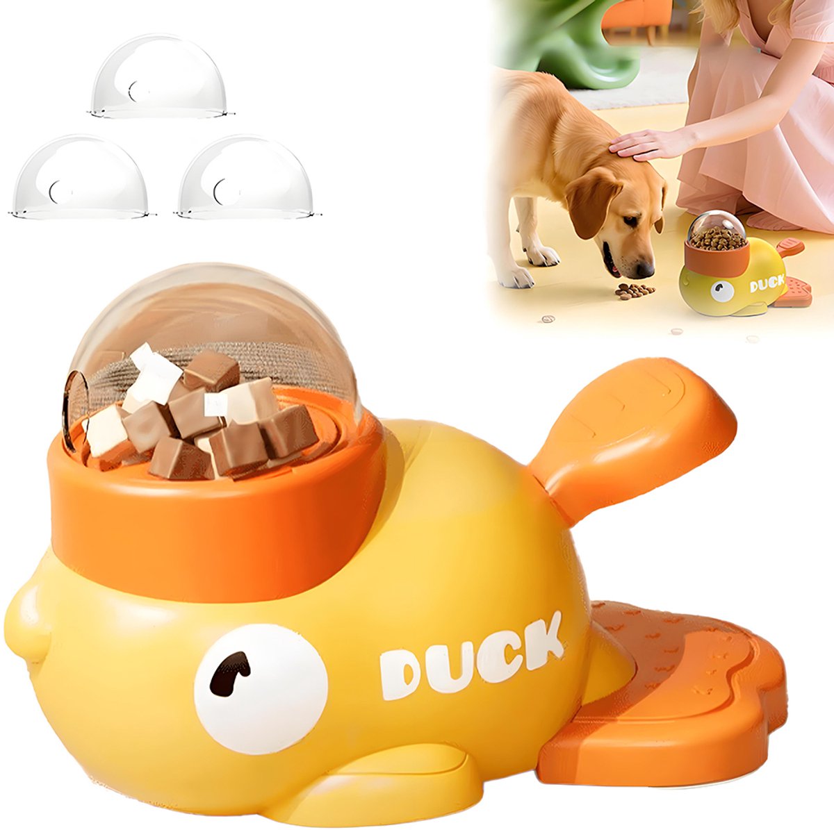 Kleine gele eend snoepdispenser - Inclusief drie verschillende deksels - Snoepdispenser voor huisdieren - Slowfoodbak - Voerbak - Interactief hondenspeelgoed - Duurzaam - Geschikt voor kleine en middelgrote huisdieren - Educatief hondenspeelgoed
