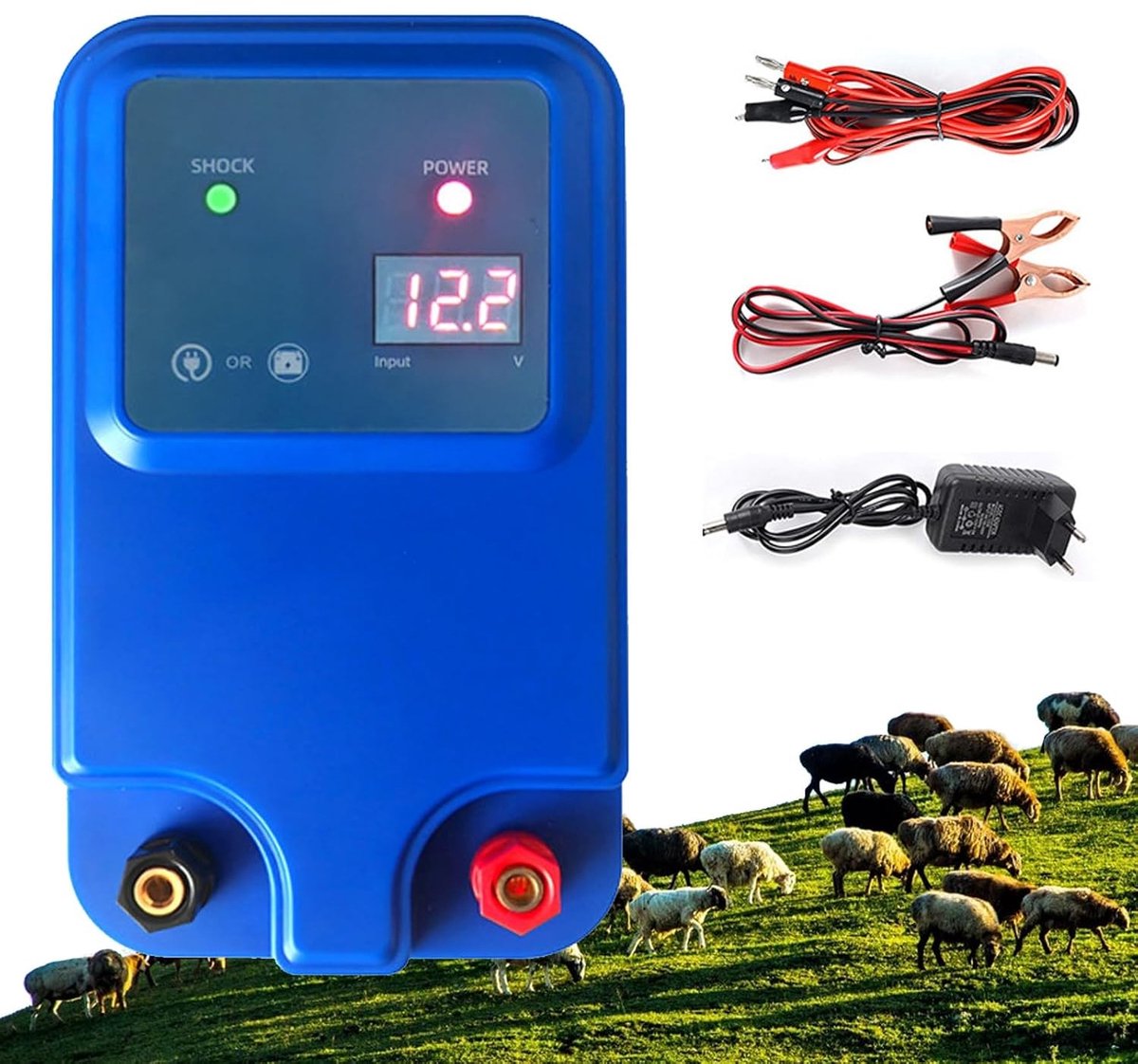 Draadloze Elektrische Omheining voor Weiden, 12 V met LED Display, 5 km Bereik, 1.5 Joule voor Runderen, Schapen en Tuinen