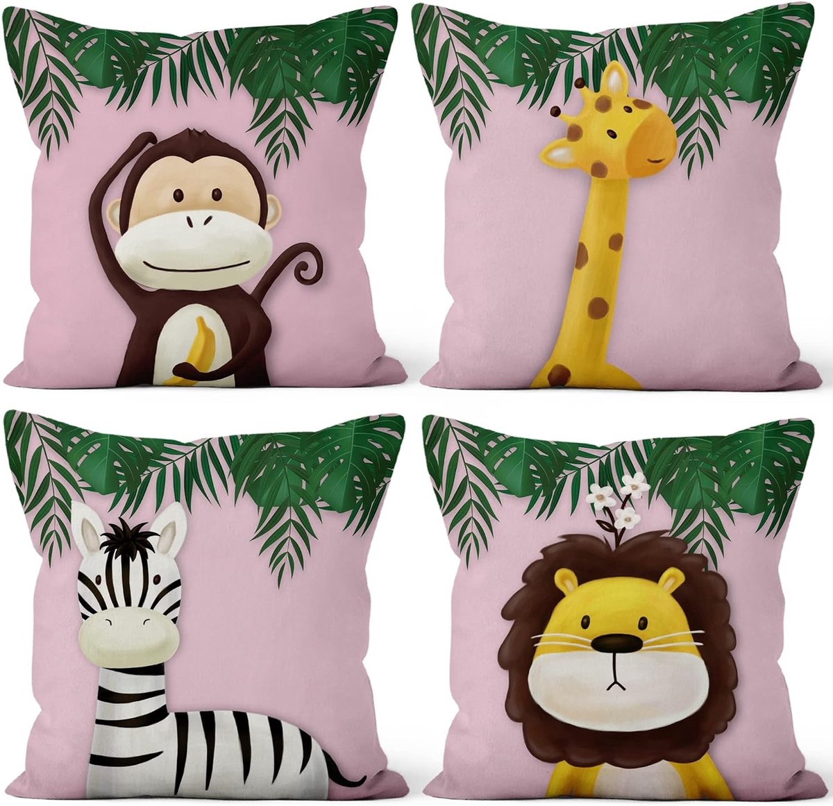Schattige Cartoon Dier Kussenhoezen - 4 Stuks - Jungle Thema met Aap, Giraffe en Bloemen - Zachte Roze Kussenhoezen voor Kinderkamer en Bank