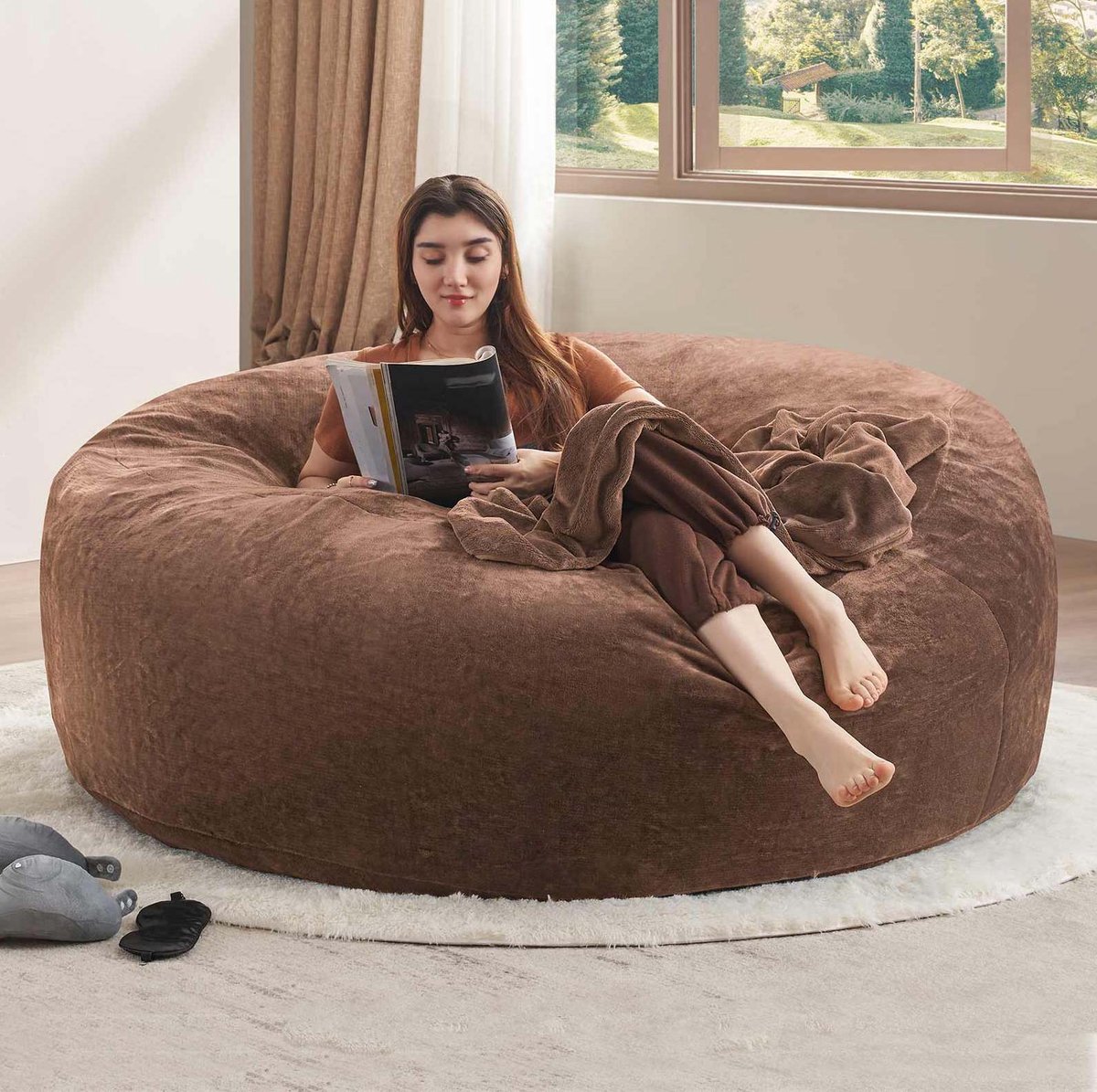 COVREO Zitzak 150x150x60 cm coffee, van schuim met wasbare hoes