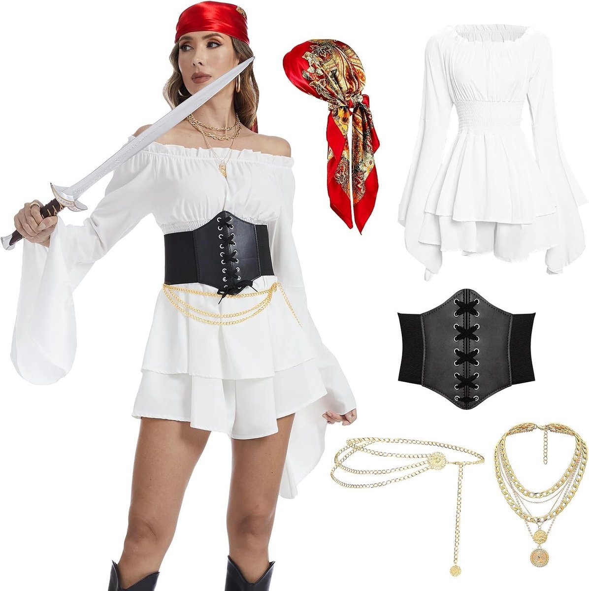 Vrouwelijk Piratenkostuum met Korset, Hoofddoek, Piratenketting en Tailleketting voor Carnaval, Feest en Verkleedpartijen