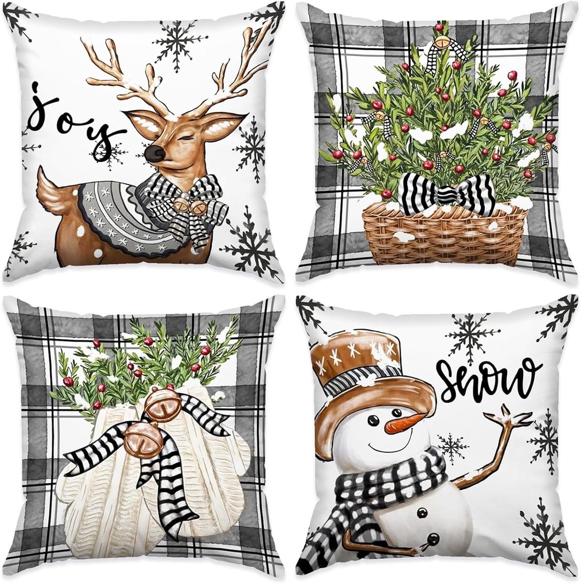 Kerstkussens voor de bank, 45 x 45 cm, linnen decoratie voor Kerstmis, sfeervolle kussenslopen, set van 4 stuks