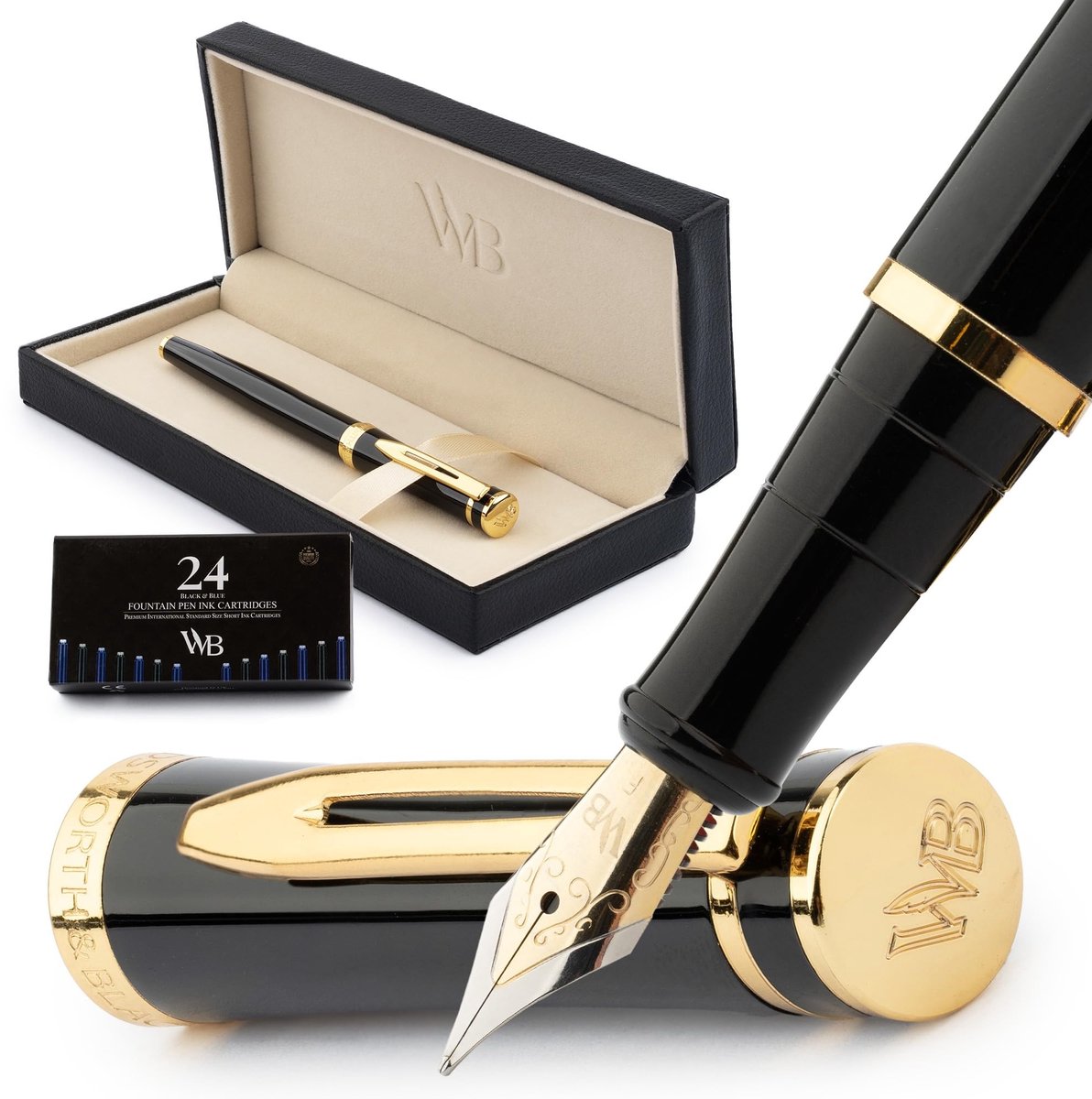 Omgoods - Premium Vulpen Set met Extra Fijne Punt en 24 Inktpatronen - Goud-Zwart
