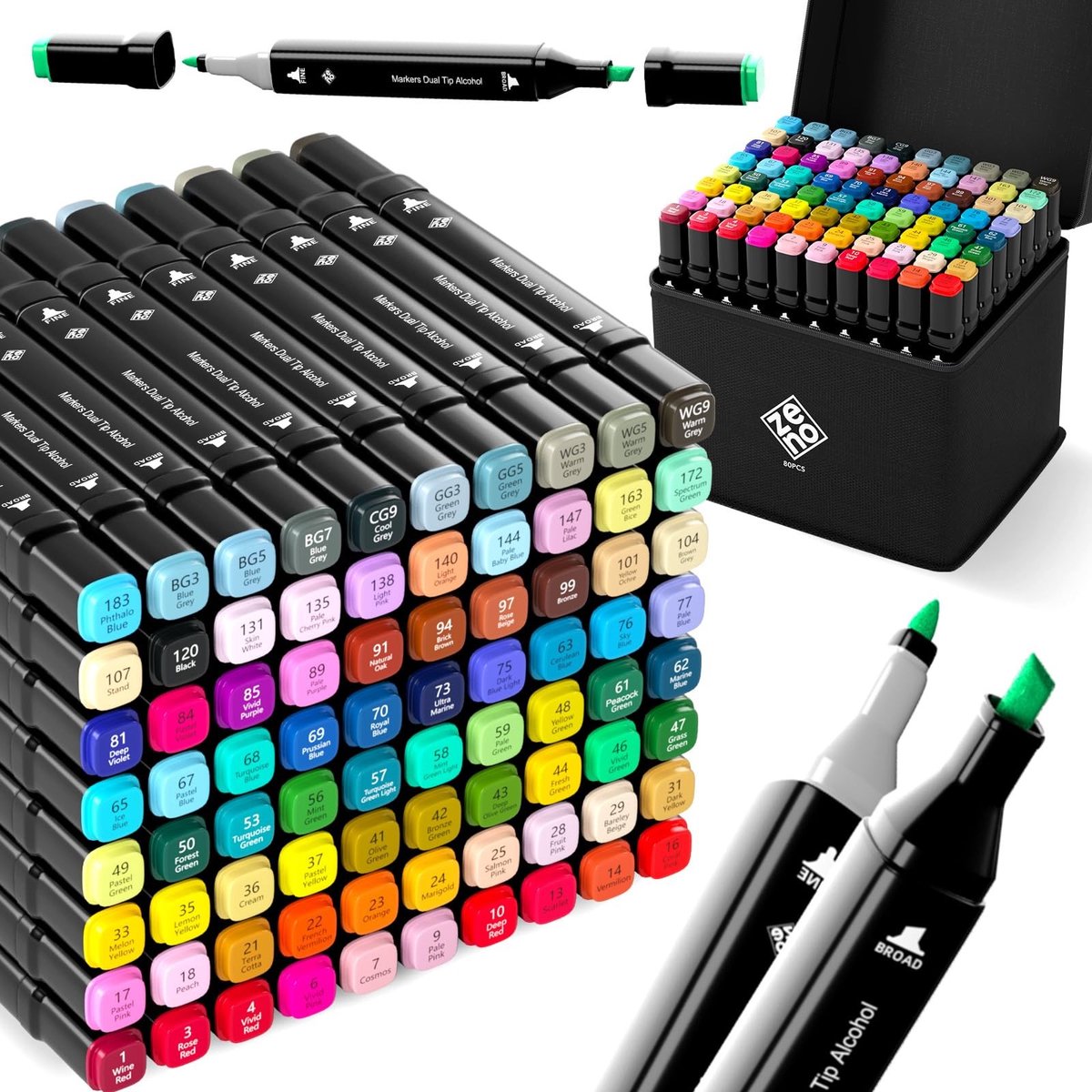 Omgoods - 80 Alcohol Markers Set – Twin Markers met Borstel en Fijne Punt