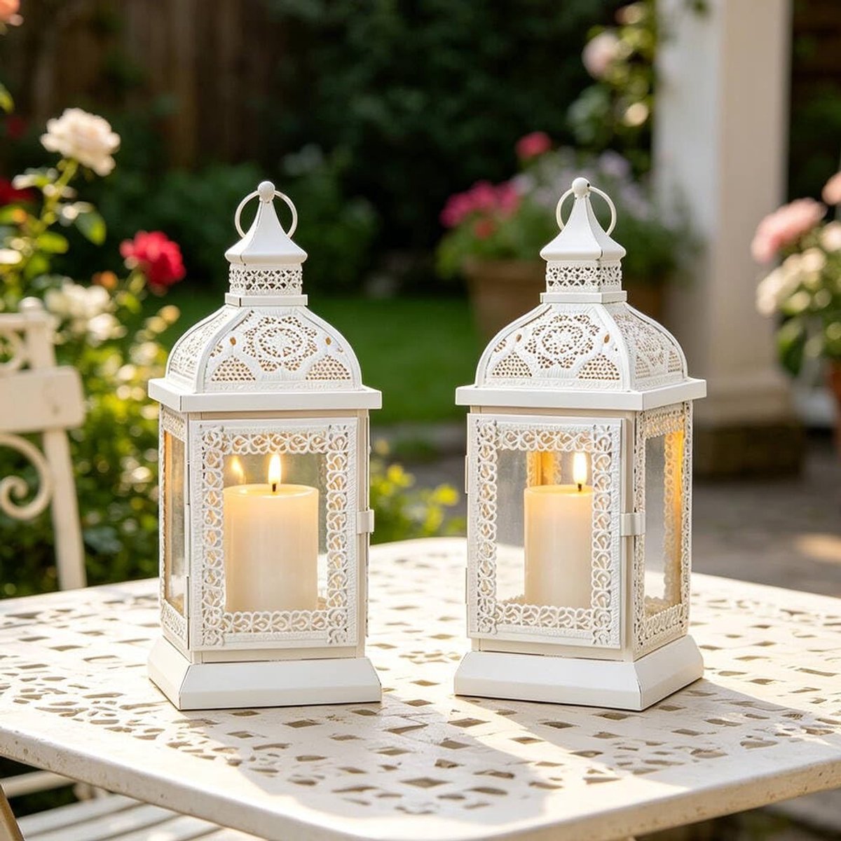 Omgoods - Set van 2 Rustieke Stijl Metalen Kaarsenlanternen - Decoratieve Buitenlanternen 33cm