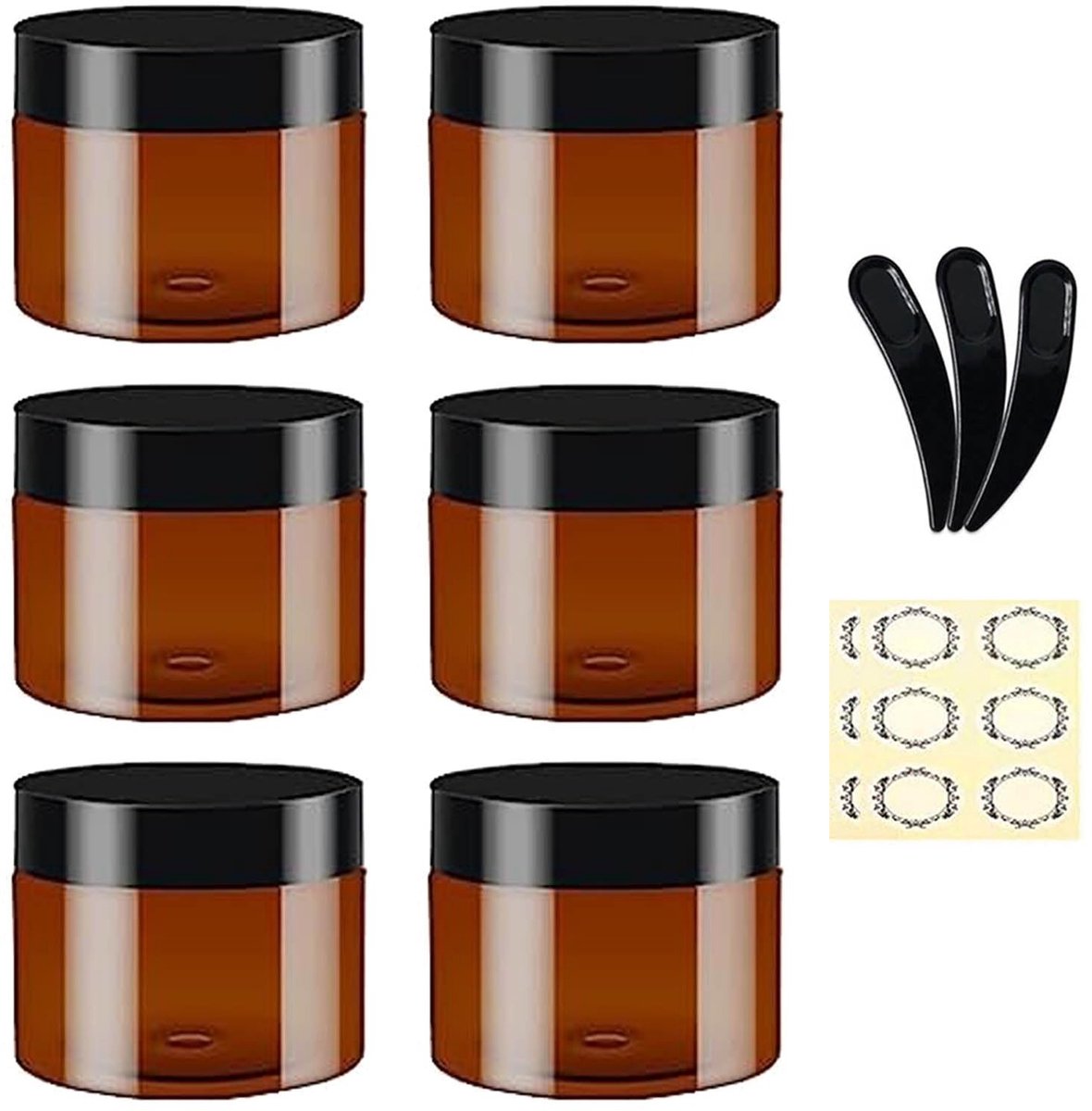 Omgoods - 6 Stuks 100ml Lege Amber Plastic Jars met Zwarte Deksels en Labels