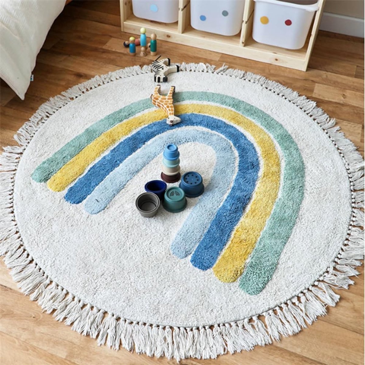 Omgoods - Regenboog Kindertapijt - Rond Speelmat 60x60 cm Blauw
