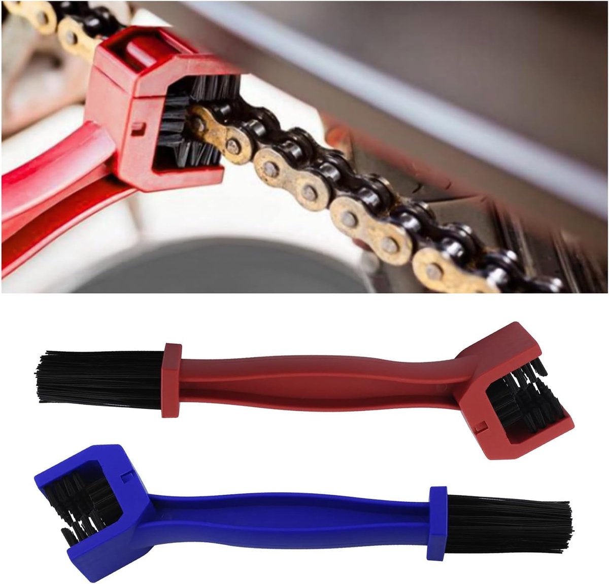 2 stuks kettingreinigingsset voor motorfiets, dubbele kop, kettingreiniger met lange en driezijdige borstels, universele kettingborstelset voor motorfiets, fiets, mountainbike