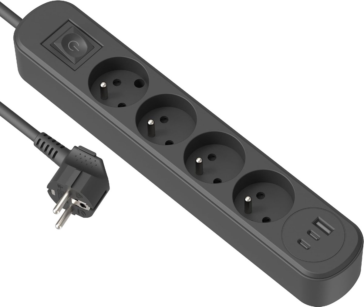 35621 Prima stekkerdoos 4 stopcontacten 16 A + 3 USB (1 USB A + 2 USB C PD20W) met schakelaar, kabel 1,5 m, zwart