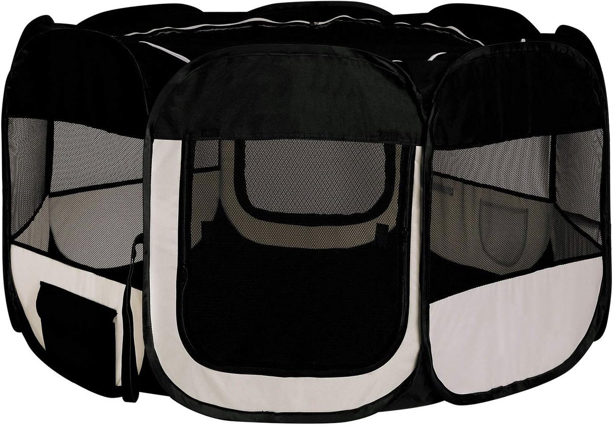 Rennen puppies (zwart/beige) | Loopstal van Oxford-weefsel met netramen en 2 ingangen, pop-up-systeem, incl. draagtas en haringen, binnen en buiten