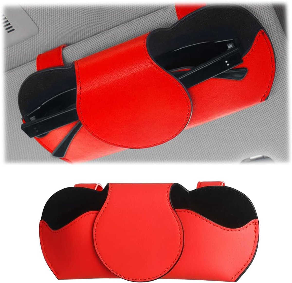 Brilhouder voor autoleer, autozonneklep opbergtas PU-leer, zonnekleppen auto-organizer, multifunctionele brillenkoker, voor alle voertuigen (Rood)