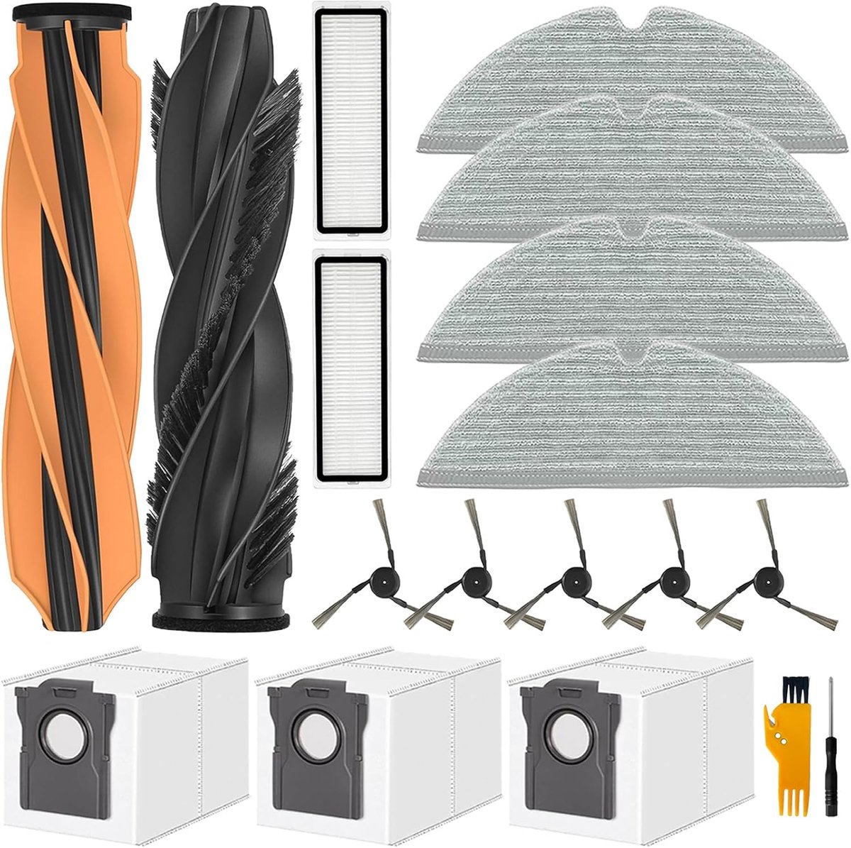 Accessoires voor Dreame D20 Pro Plus stofzuiger | 1 hoofdborstel, 2 filters, 3 stofzakken, 4 reinigingsdoeken, 5 zijborstels, D20 Pro Plus reserveonderdelen, 17 stuks