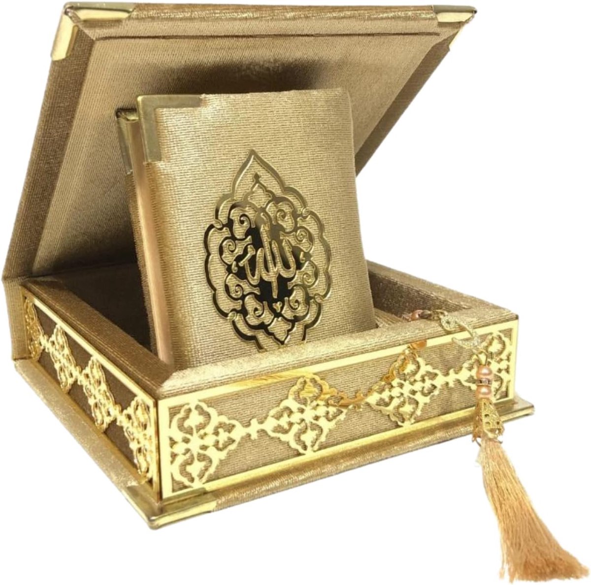 Fluwelen Koran Parel Gebedskralen Set, Islamitische Cadeaus voor Eid en Ramadan, Elegante Draagbare Doos, Islamitische Woondecoratie, Tasbih in Luxe Cadeaubox, Umrah (Goud)