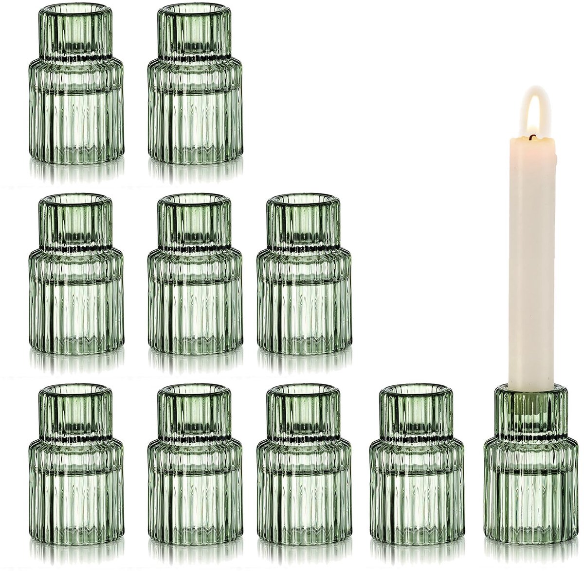Omgoods - Glasseam Glazen Kaarsenhouders Set van 10 - Groene Ribbelkaarsenhouders voor Tafeldecoratie