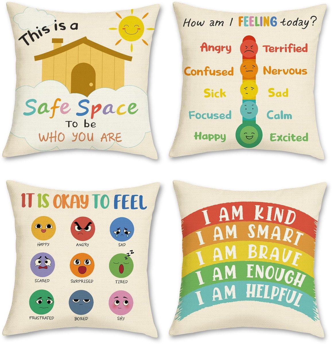 Omgoods - Calming Corner Kussenhoezen Set van 4 45x45cm - Kindvriendelijke Polyester Kussenhoezen met Zon en Regenboog Motief