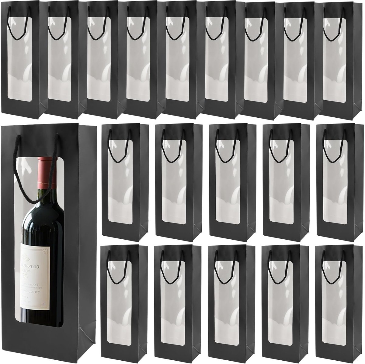 Omgoods - 20 Stuks Wijnfles Geschenkzakken met Venster voor Feest en Bruiloft