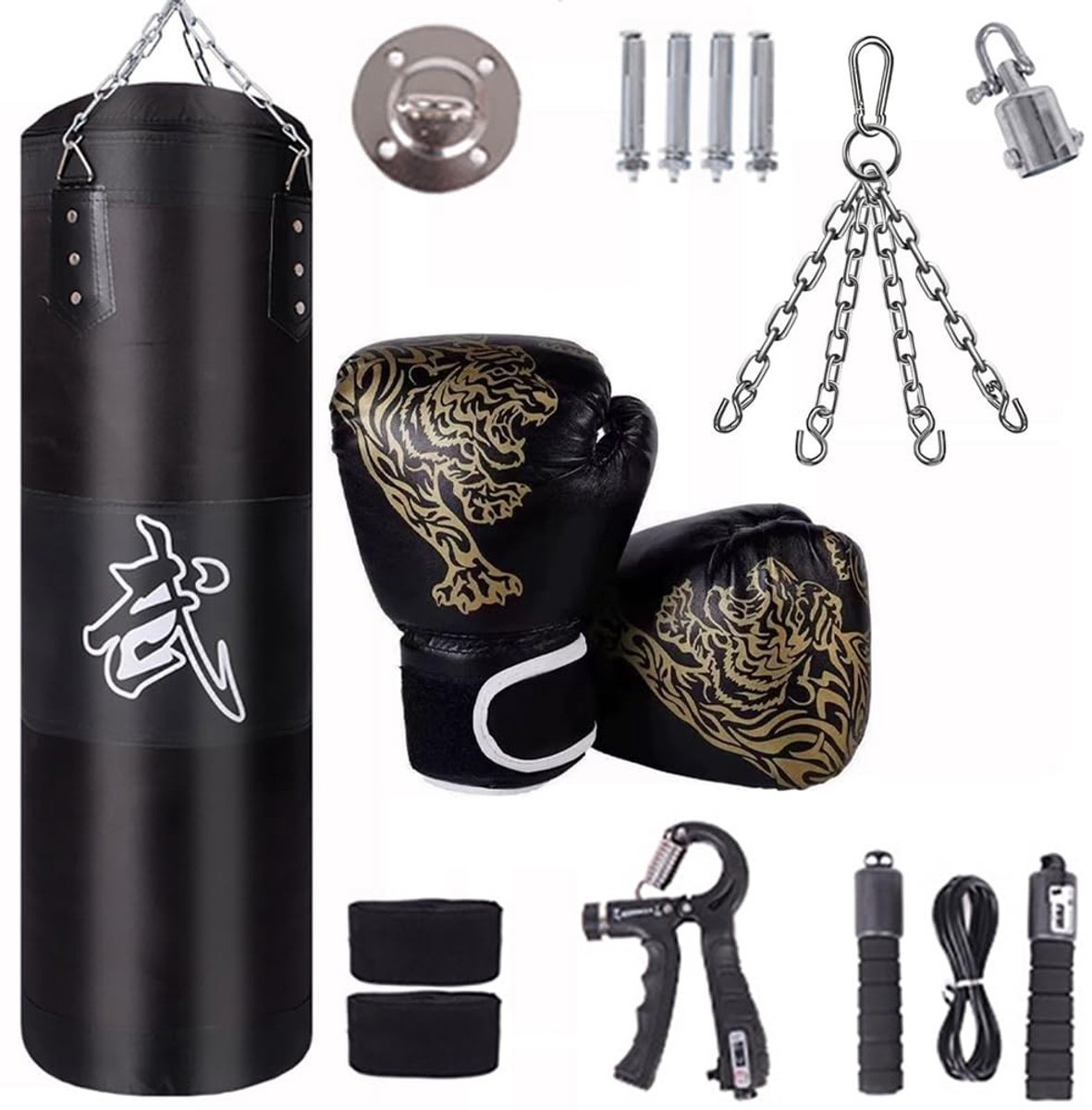 Omgoods- Bokszak Volwassenen 15-in-100 cm - PU-leer - 360° Draaibare Ketting - Inclusief Bokshandschoenen - Duurzaam en Slijtvast - Eenvoudig te Vullen - Bokszaktraining